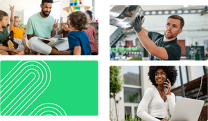 A collage of four images: Top-left shows a smiling man sitting cross-legged on the floor holding a book, interacting with a child; Top-right features a focused male technician in work attire adjusting industrial equipment; Bottom-left is a green graphic with abstract white line patterns; Bottom-right displays a cheerful woman with curly hair, sitting outdoors using a laptop and speaking on a mobile phone.