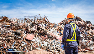 A man wearing a hard hat and safety vest stands in front of pile of rubble